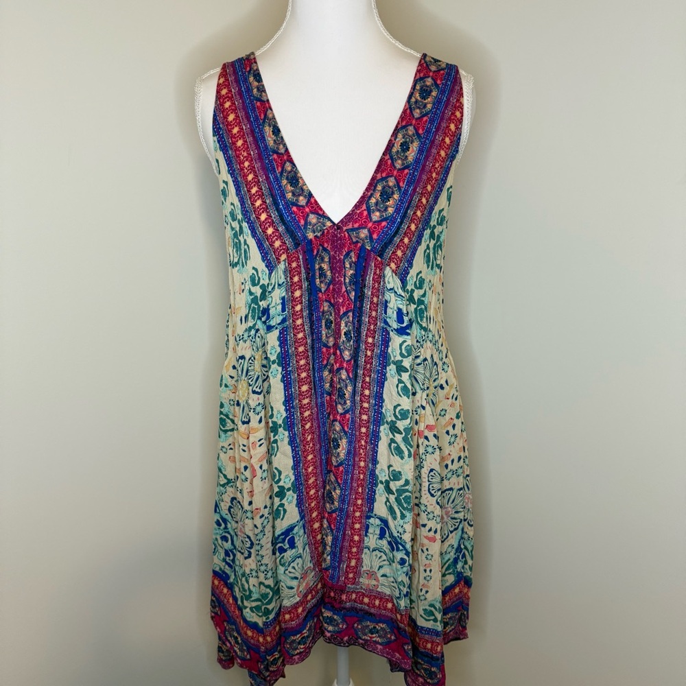 Free People Boho Floral Mini Dress in Cream, Teal & Fuchsia